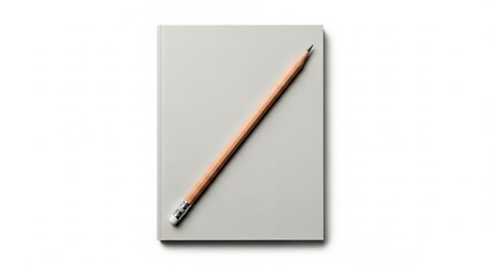 Top-down view of a grey notebook with a wooden pencil lying diagonally on its cover, creating a simple and minimalist composition with soft shadows on a white background .