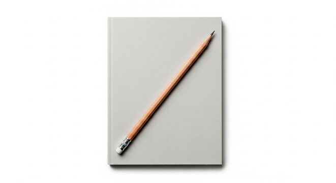 Top-down view of a grey notebook with a wooden pencil lying diagonally on its cover, creating a simple and minimalist composition with soft shadows on a white background . - Powered by Adobe