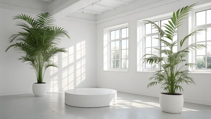 Bright minimalist room with round white pedestal, large green palm plants in white pots, floor to ceiling window, and natural daylight