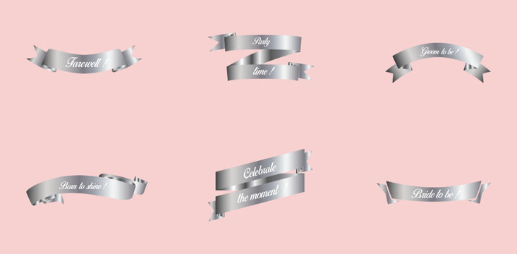 ribbon,silver,banner flat vector set of various folded silver metallic ribbon and banner shapes on pink background for graphic design
