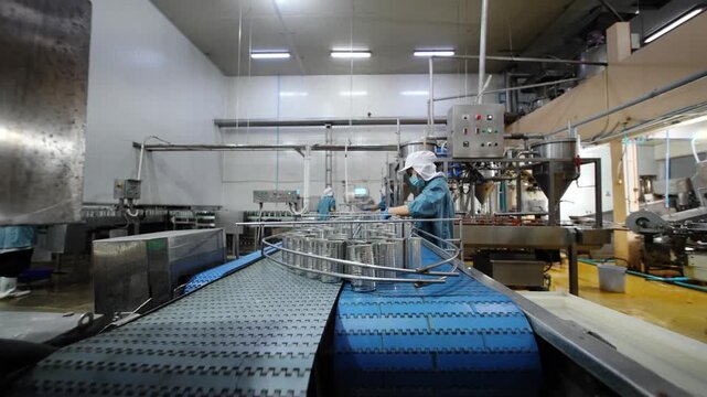 Automated Food Processing Line: A busy food processing plant with a conveyor belt system and machinery where workers are seen tending to the production line.