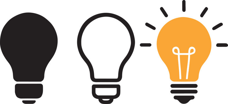 Three light bulb icons showing off and on states in black and orange idea innovation