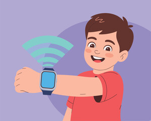 Happy Boy with Smartwatch Embracing Modern Technology and Connectivity