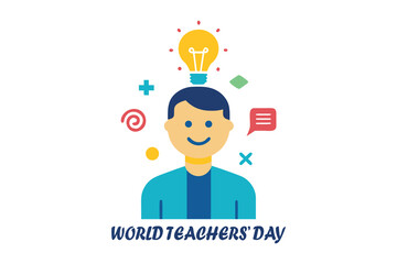 World Teachers’ Day Vector – Teacher with Glowing Lightbulb of Knowledge Icons