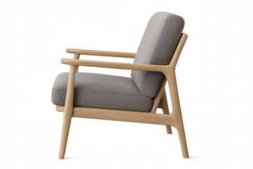 Minimalist gray armchair featuring light wood frame, complementing contemporary living spaces, set against transparent backdrop