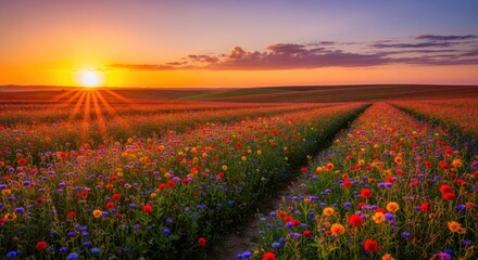 A vibrant field of wildflowers explodes with color at sunset, showcasing a breathtaking display of nature's artistry.