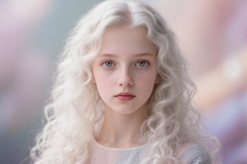 An enchanting closeup of a girl with curly white hair, showcasing her innocence and beauty captivatingly