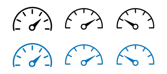 Set of speedometer icons, black and blue, isolated on transparent background