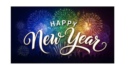 Happy new year handwritten text with colorful fireworks celebration