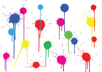 Vibrant and colorful paint splatters and drips in various bright hues on a clean white background creating an abstract artistic design