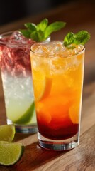 Refreshing citrus and berry cocktails with lime and mint garnish