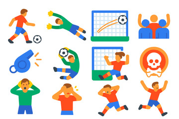 Penalty Shootout Icons. Flat vector icons of penalty shootout moments: penalty taker, goalkeeper dive, ball hitting post, crowd
