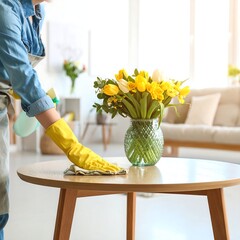 Person cleaning a coffee table with yellow gloves and a cloth. Spring flowers in a vase nearby