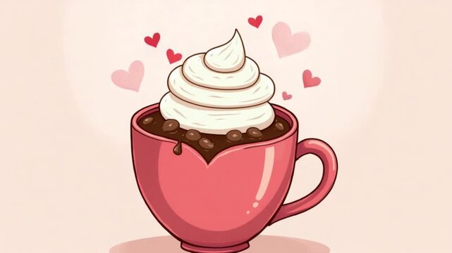 A delightful illustration of a heart-shaped mug filled with a decadent hot chocolate topped with whipped cream, perfect for Valentine's Day or any romantic occasion.