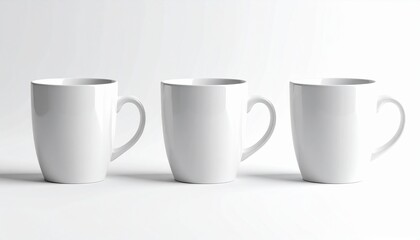 Obraz premium Three plain white ceramic mugs with handles arranged in a row on a white background, perfect for customization or branding
