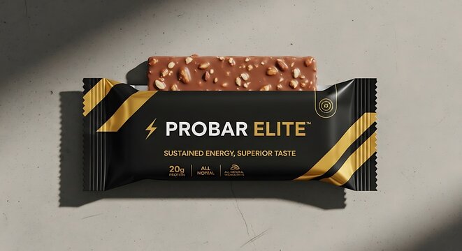Probar Elite: Chocolate Nut Protein Bar with Gold Accents on Concrete Surface