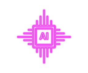 Neon pink AI chip glowing icon on white background, futuristic artificial intelligence processor symbol for technology, innovation, machine learning, and modern digital design.