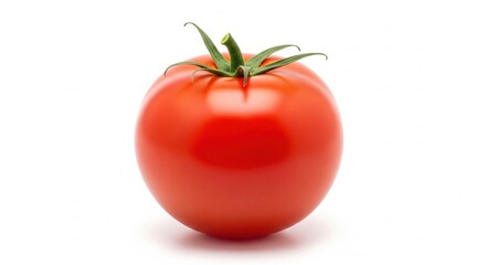 Close-up studio shot of a perfect ripe red tomato on a clean white background, highlighting its vibrant color and smooth skin texture, ideal for culinary themes and healthy eating concepts.