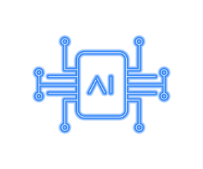 Glowing blue AI chip neon icon on white background, futuristic artificial intelligence processor design for technology, digital innovation, computing, and modern cyber network art.