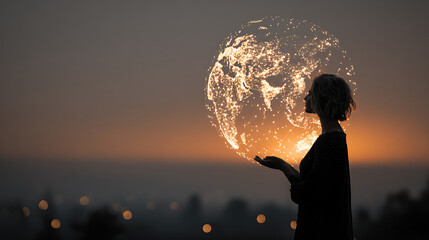 person interacting with glowing globe representing global connections urban cities network digital technology data visualization innovation education research and future learning