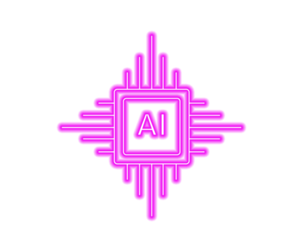 Neon pink AI chip glowing icon on white background, futuristic artificial intelligence processor symbol for technology, innovation, machine learning, and modern digital design.
