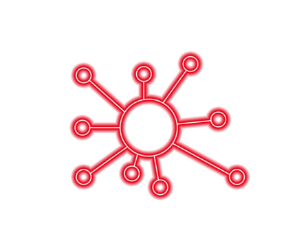 Red neon network hub icon with glowing connection lines on white background. Digital technology design symbol for communication, data link, and futuristic interface concept.