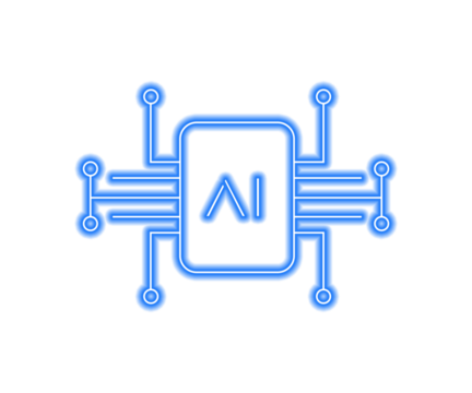 Glowing blue AI chip neon icon on white background, futuristic artificial intelligence processor design for technology, digital innovation, computing, and modern cyber network art.