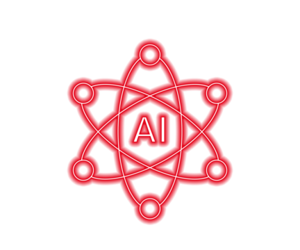 Glowing red AI neon symbol with atomic network structure on white background. Futuristic artificial intelligence icon for digital, cyber, and machine learning concepts.