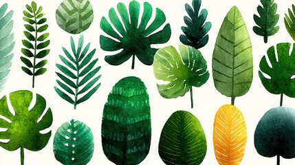   A variety of colored leaves on a white canvas with green and yellow shades at the base