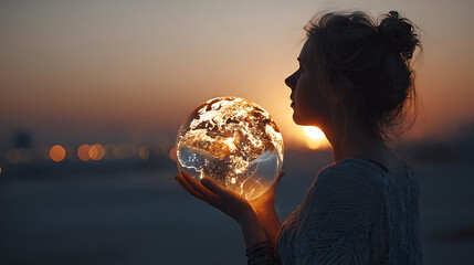 person interacting with glowing globe representing global connections urban cities network digital technology data visualization innovation education research and future learning