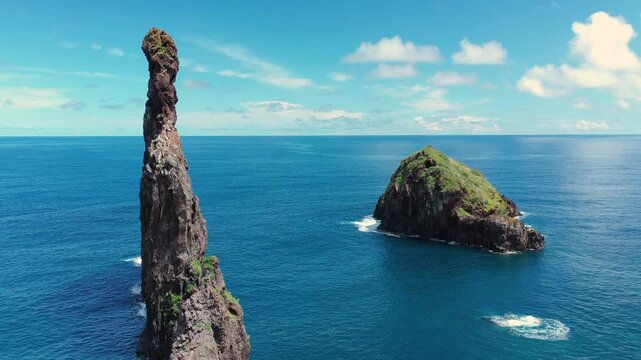 Drone view of the stunning coastline and rocky islets near Ribeira da Janela on Madeira Island.