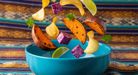 Fresh ingredients for a vibrant salad or dish, tossed in midair over a bowl