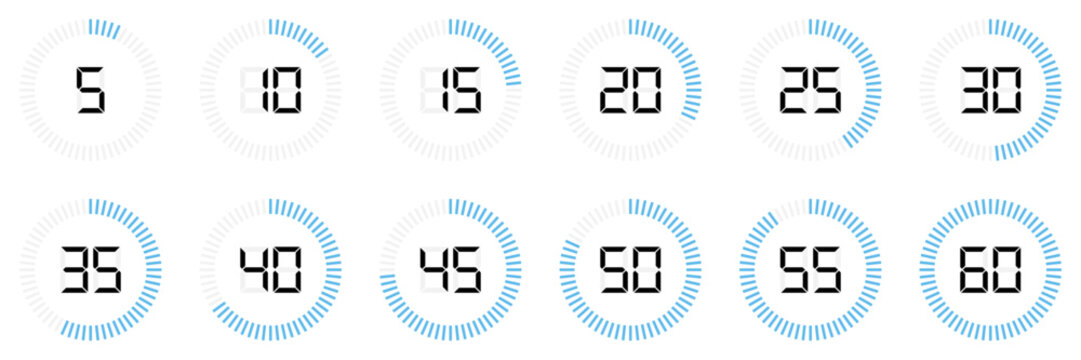 Digital countdown timer icons from 5 to 60 second, circular progress bars in blue, vector design set. Timer and stopwatch icon set with digital numbers. Digital clock for time with second symbols.