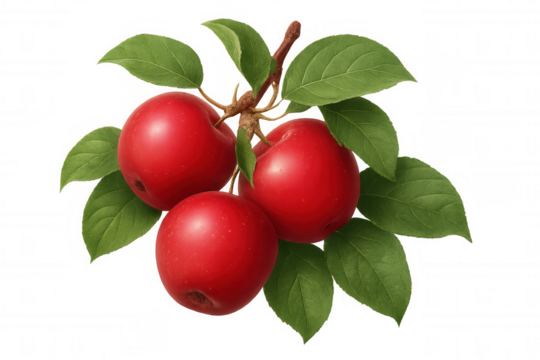 Ripe red apples dangling from leafy branch, isolated on transparent background, highlighting fresh fruit details for culinary imagery