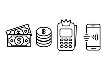 Outline Icon Set of Payment Methods Including Cash Bills, Coin Stacks, Credit Card Terminal, and Mobile Payment Technology. Vector Cartoon Illustration for Business and Finance