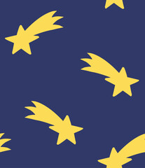 Vector seamless pattern of hand drawn flying star silhouette isolated on blue background