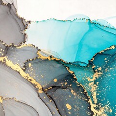 Abstract artwork with flowing, layered colors of grey, teal, and gold