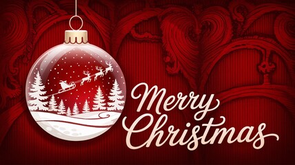 Glass christmas ornament with winter scene and merry christmas greeting