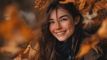 Portrait of a smiling woman with brown hair surrounded by autumn leaves outdoors