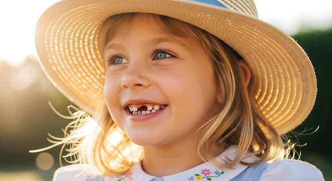 A young girl with a missing tooth wearing a straw hat in the sun.