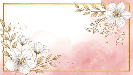 Elegant floral border with gold frame and pink watercolor background