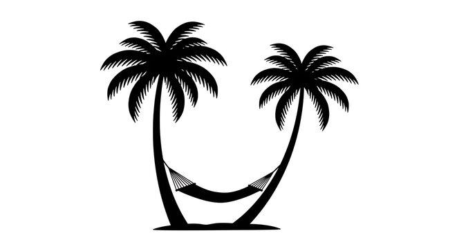 Tropical paradise silhouette with a relaxing hammock hanging between two palm trees.