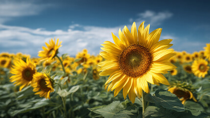 Obraz premium A vibrant sunflower field under a blue sky with scattered clouds on a sunny day outdoors