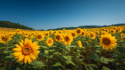 A vast field of sunflowers in full bloom under a clear blue sky during the daytime hours
