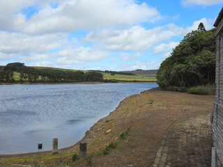 Reservoir Edge with Brick Path and Trees in North Yorkshire