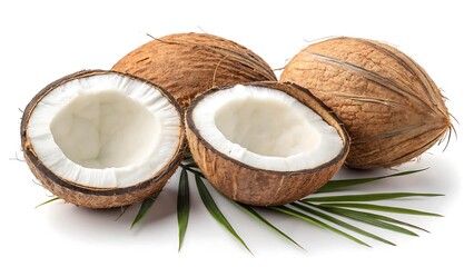 Fresh tropical coconuts split in half showing white flesh healthy food