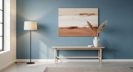 Modern Minimalist Entryway with Light Gray Walls and Natural Wood Furniture