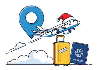 Travel Airplane Holiday Luggage Firstclass Vector — Santa Hat Plane and Suitcase