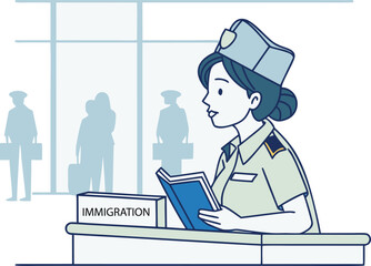 Immigration Officer Border Control Airport — Passport Check Counter Vector Illustration