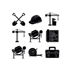 Construction icons including shovels crane concrete mixer blueprint hard hat building tools